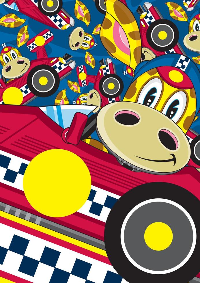 cartone animato giraffa da corsa autista nel gli sport auto su fantasia sfondo vettore