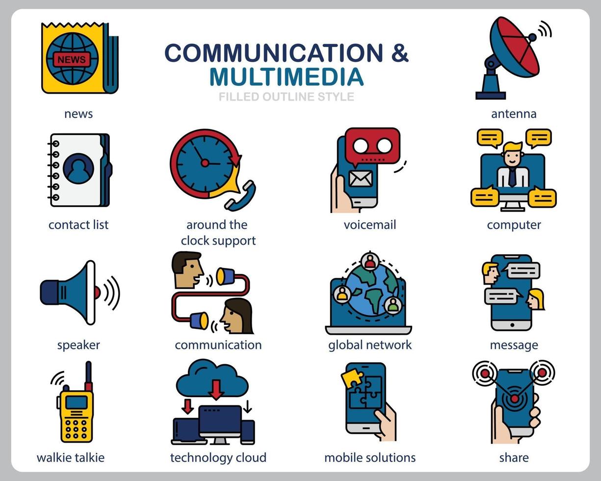 set di icone multimediali di comunicazione per sito Web, documenti, poster design, stampa, applicazione. icona di concetto di comunicazione riempito stile contorno. vettore