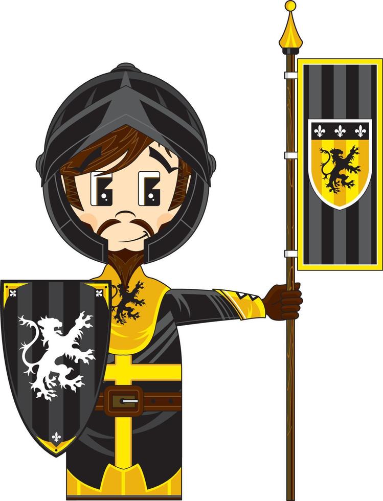carino cartone animato coraggioso medievale cavaliere con scudo e bandiera vettore