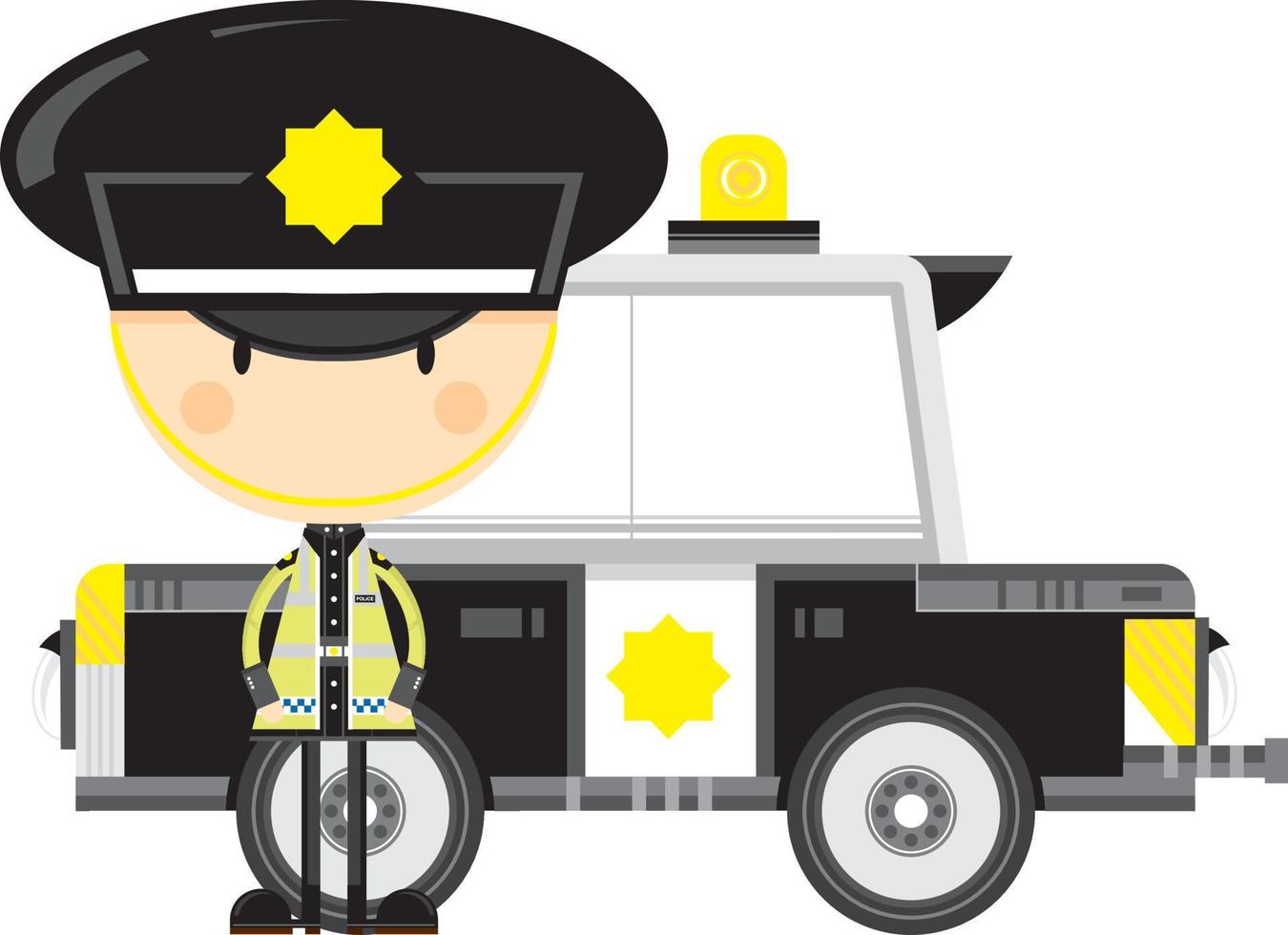 carino cartone animato poliziotto e polizia auto vettore