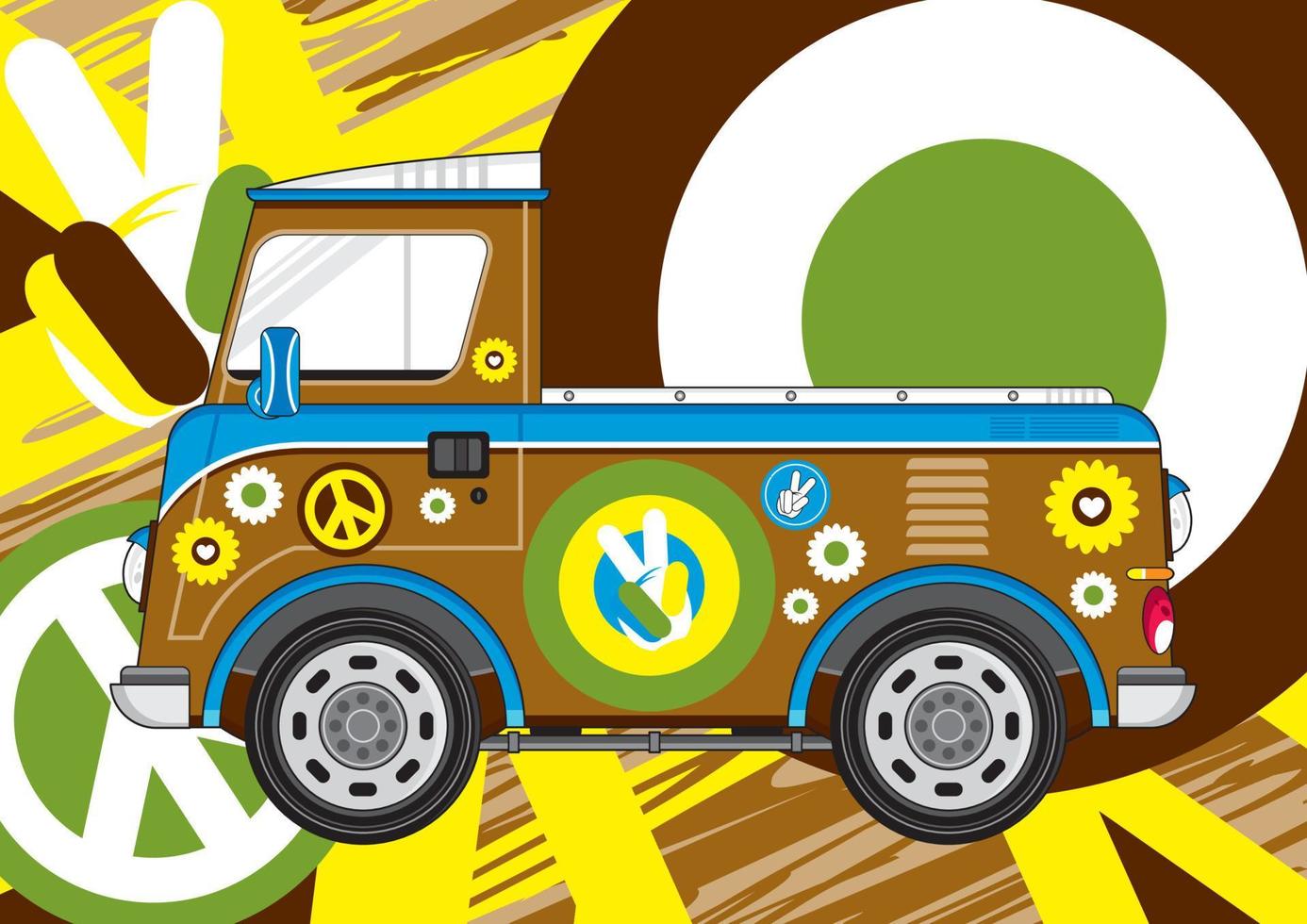 cartone animato hippie Raccogliere camper furgone vettore