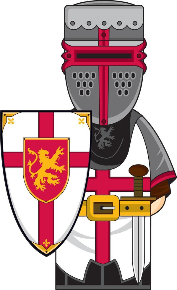 carino cartone animato coraggioso medievale cavaliere con spada e scudo vettore