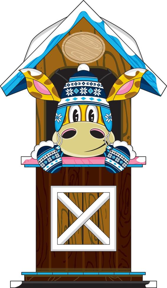 carino cartone animato giraffa personaggio indossare lanoso cappello nel capanna vettore