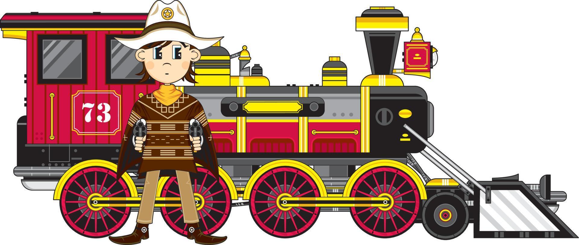 carino cartone animato selvaggio ovest cowboy sceriffo nel poncho con vapore treno vettore