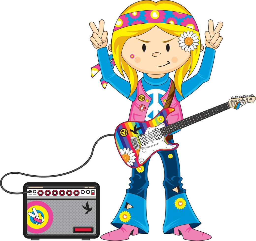 cartone animato anni sessanta hippie ragazza con elettrico chitarra e amp vettore