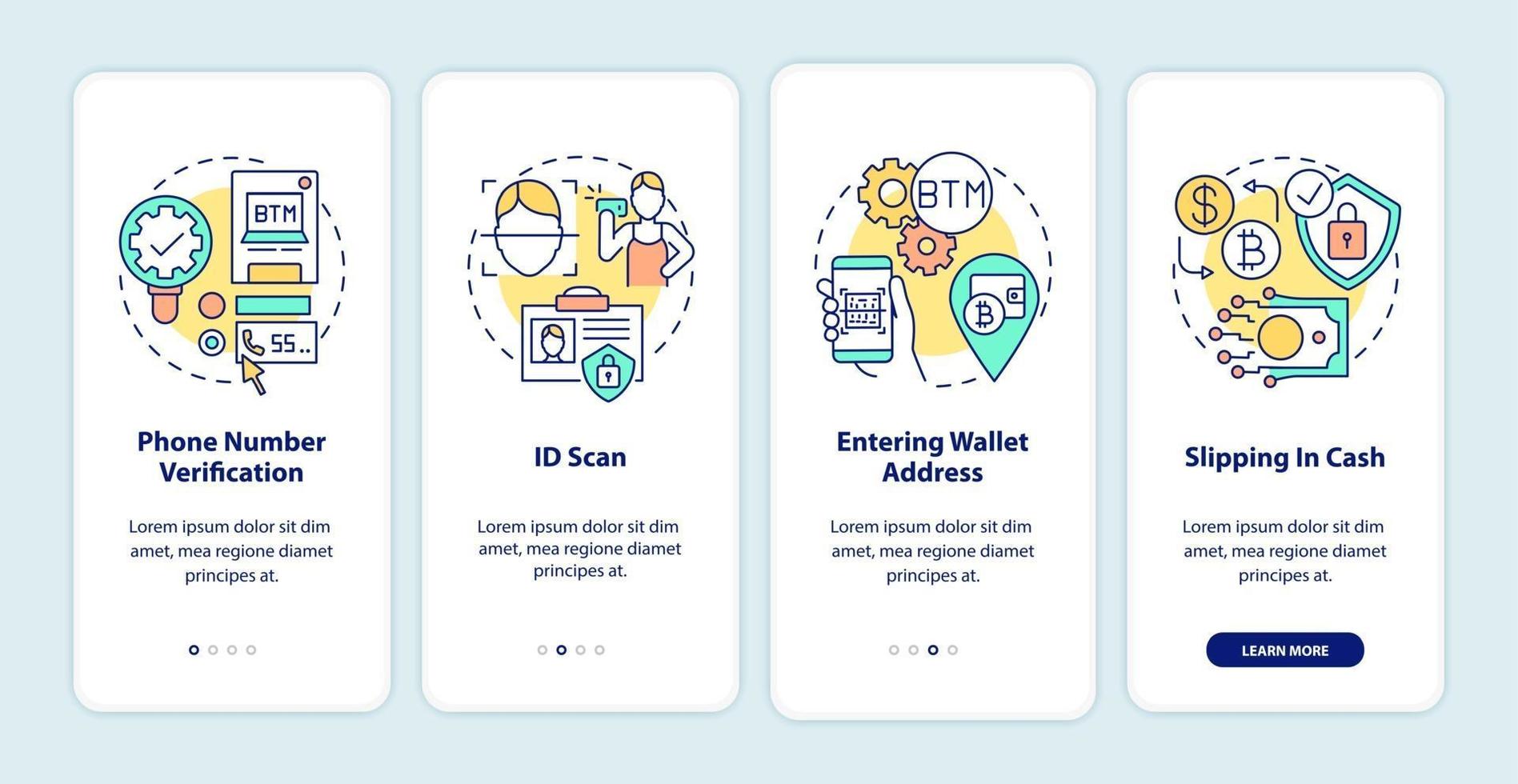 passaggi di verifica bancomat bitcoin onboarding schermata della pagina dell'app mobile con concetti vettore