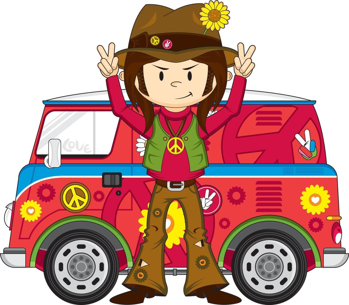 cartone animato anni sessanta hippie personaggio con camper furgone vettore