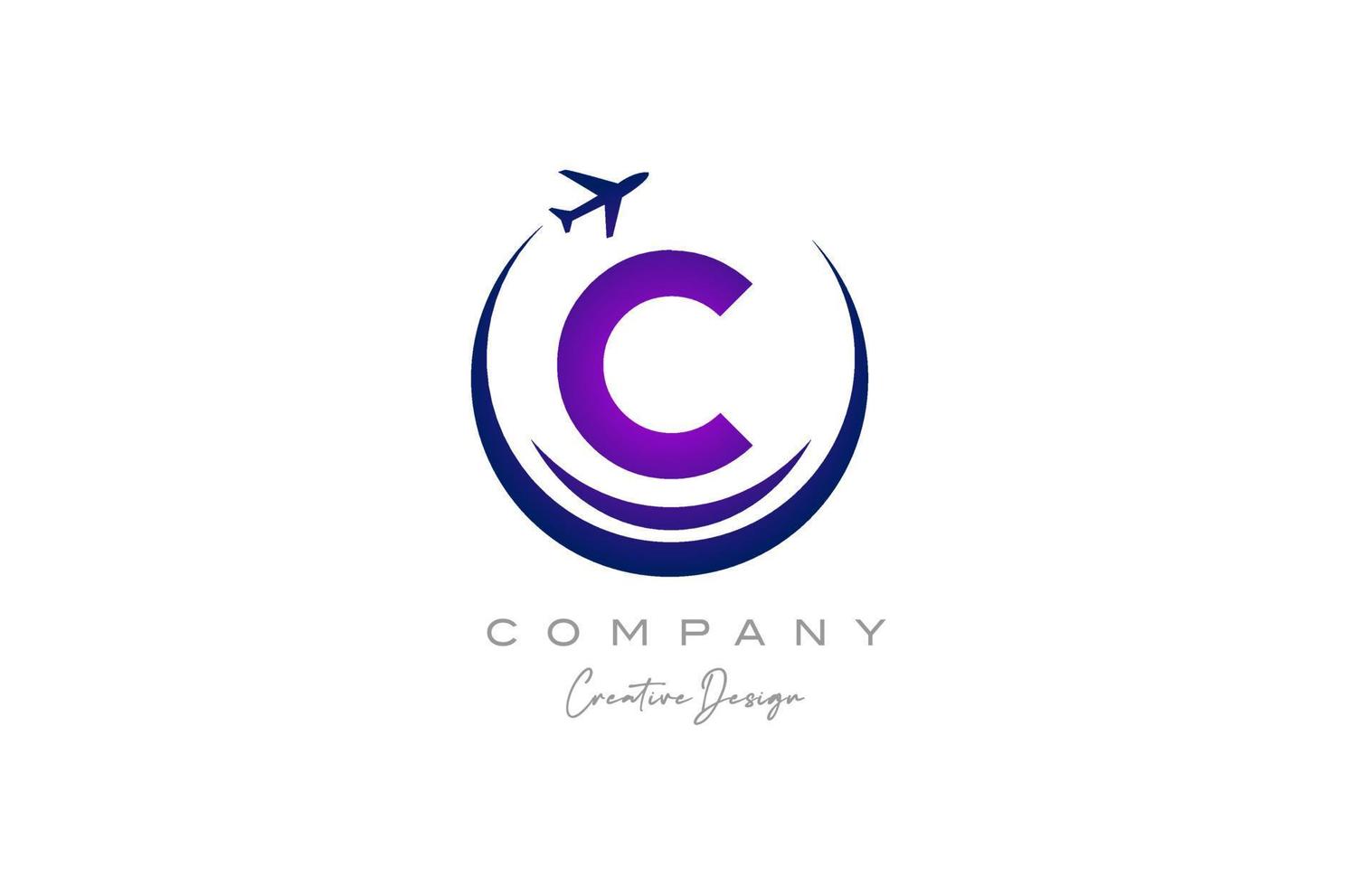 c alfabeto lettera logo con aereo per un' viaggio o prenotazione agenzia nel viola. aziendale creativo modello design per azienda e attività commerciale vettore