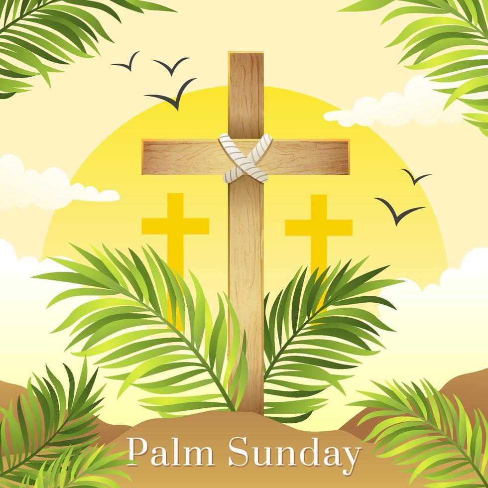 domenica delle palme con croce e foglie di palma vettore