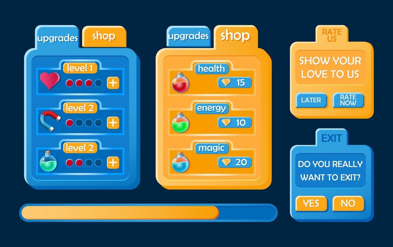 set di kit ui moderno gioco casual. scheda pop-up, pulsante, barra di avanzamento per illustrazione vettoriale di giochi gui 2d