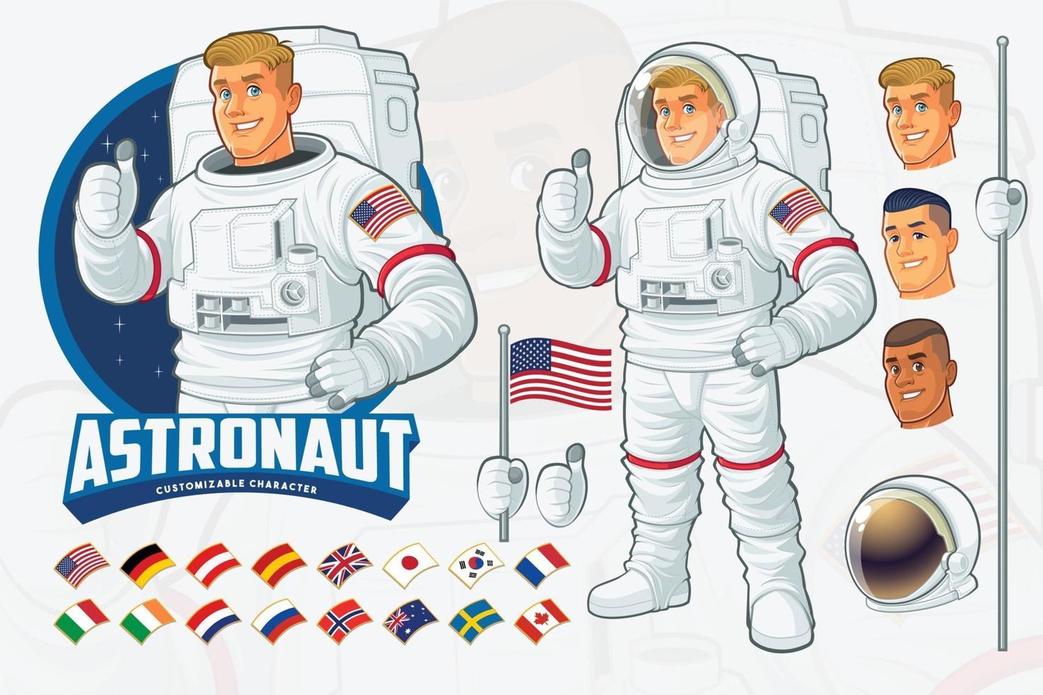set di design mascotte astronauta con caratteristiche opzionali vettore