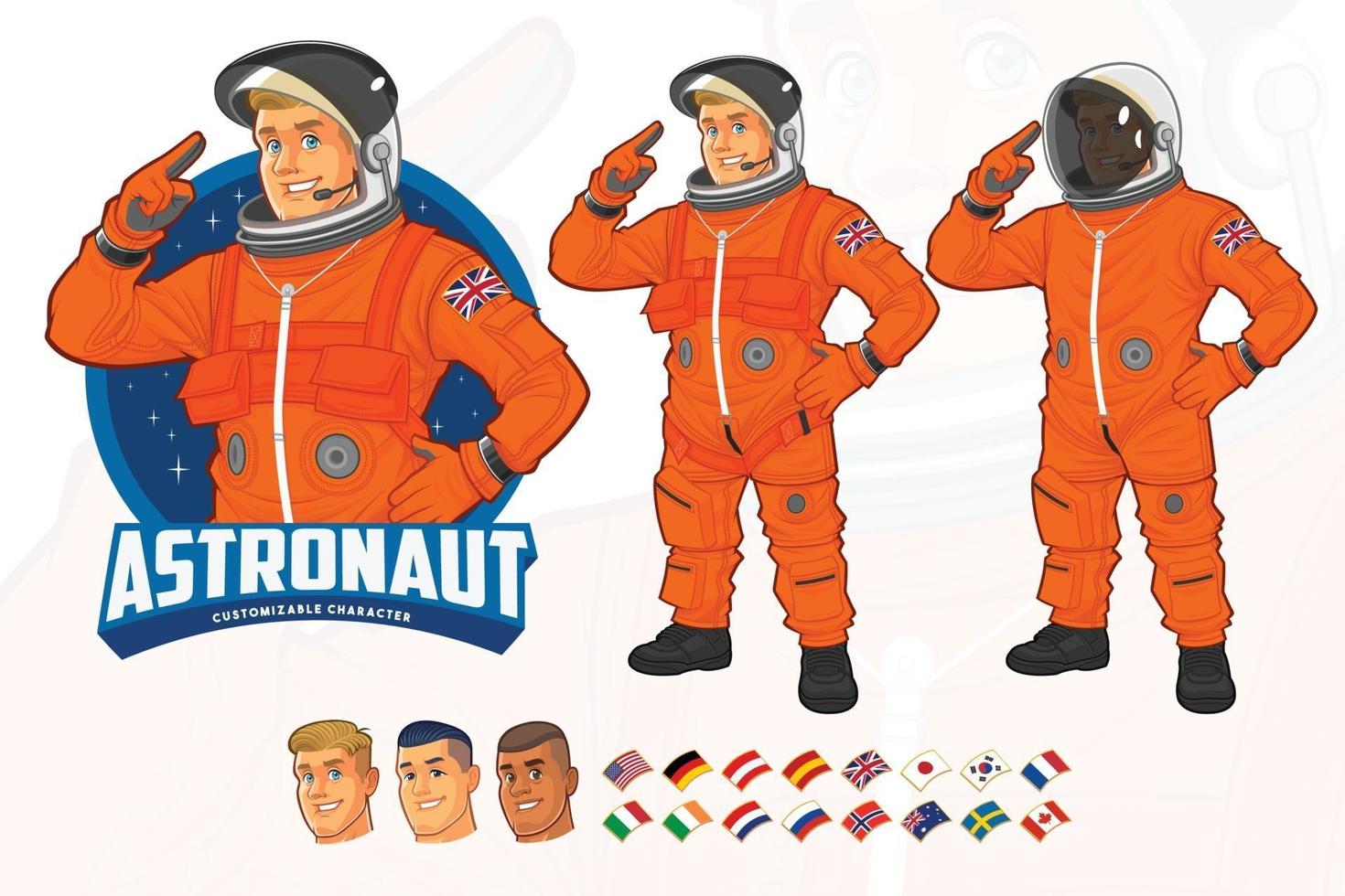disegno della mascotte dell'astronauta che indossa la tuta arancione vettore
