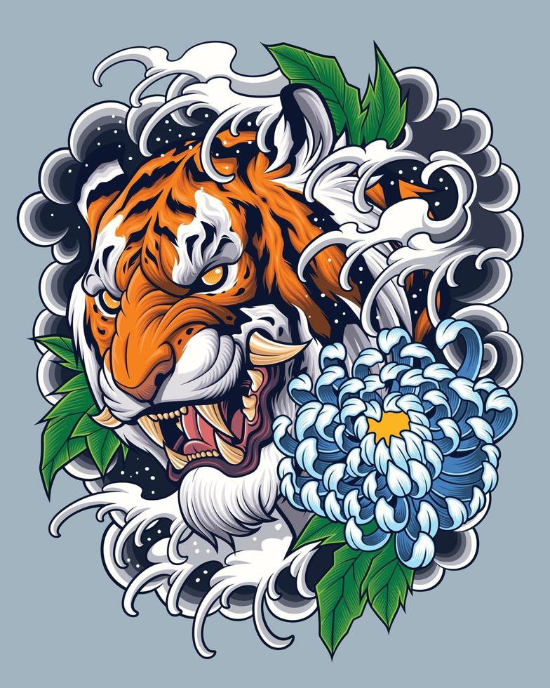 disegno del tatuaggio della tigre in stile giapponese vettore