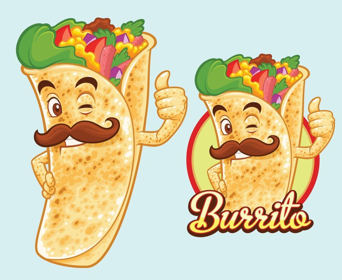 design mascotte burrito per venditore e ristorante di cibo messicano vettore