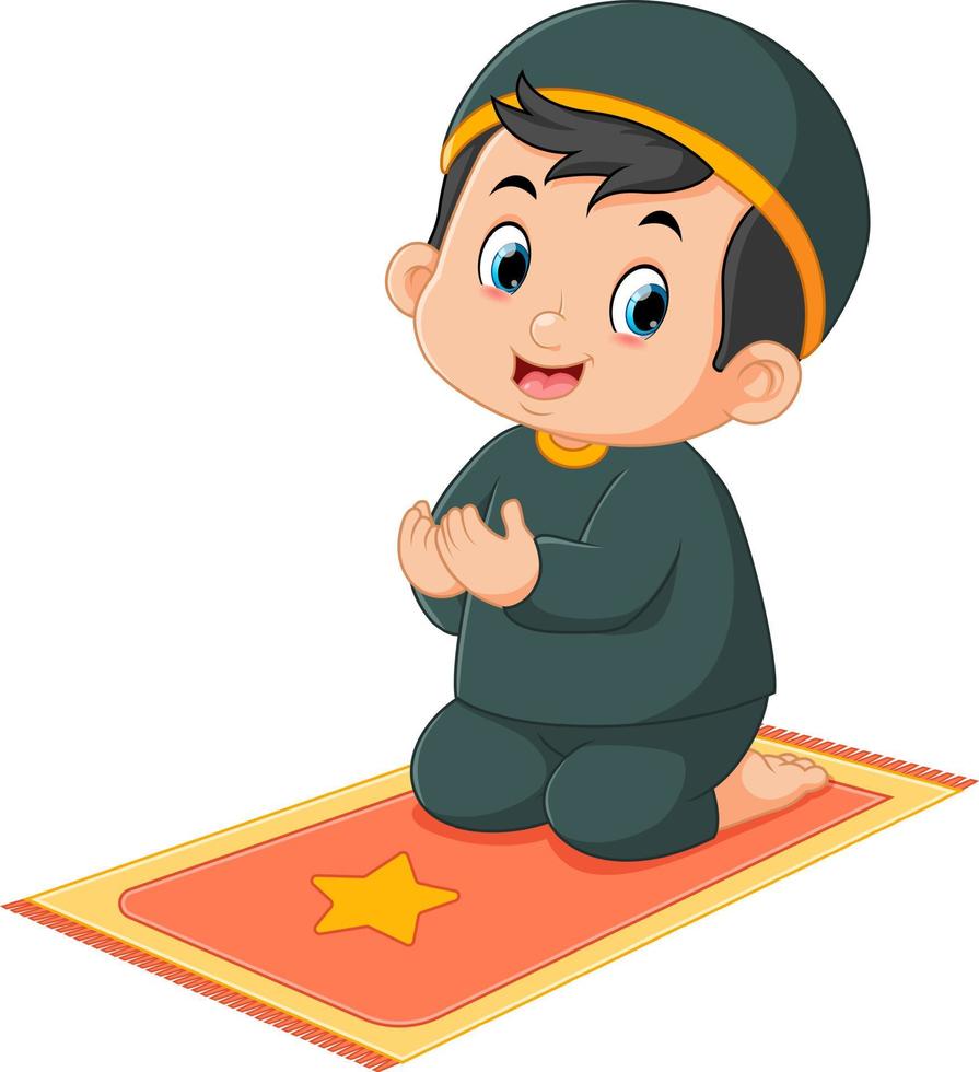 un' carino musulmano ragazzo è preghiere su il suo preghiera stuoia vettore