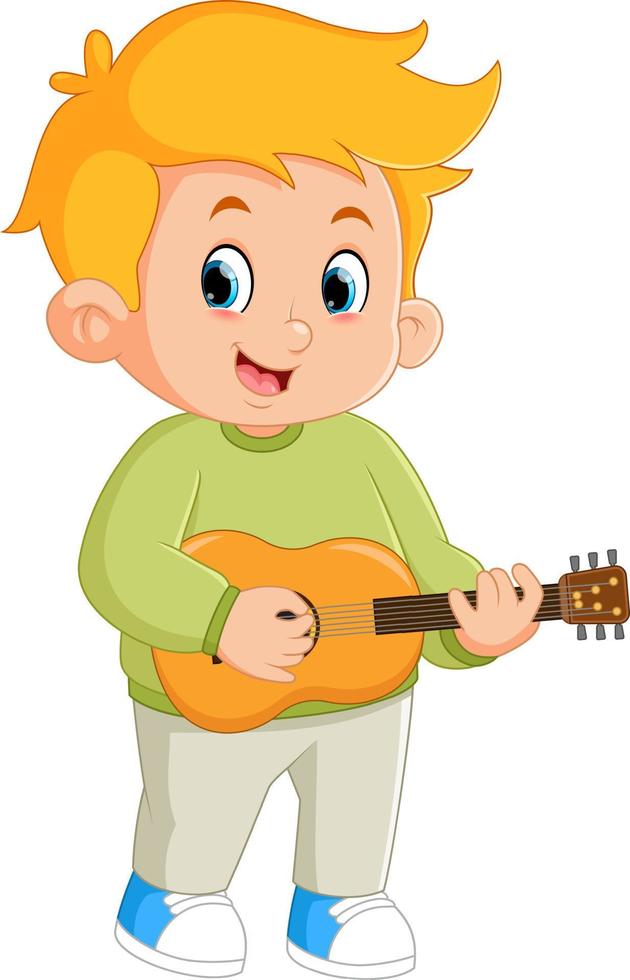 un' contento ragazzo è giocando il tradizionale ukulele strumento vettore