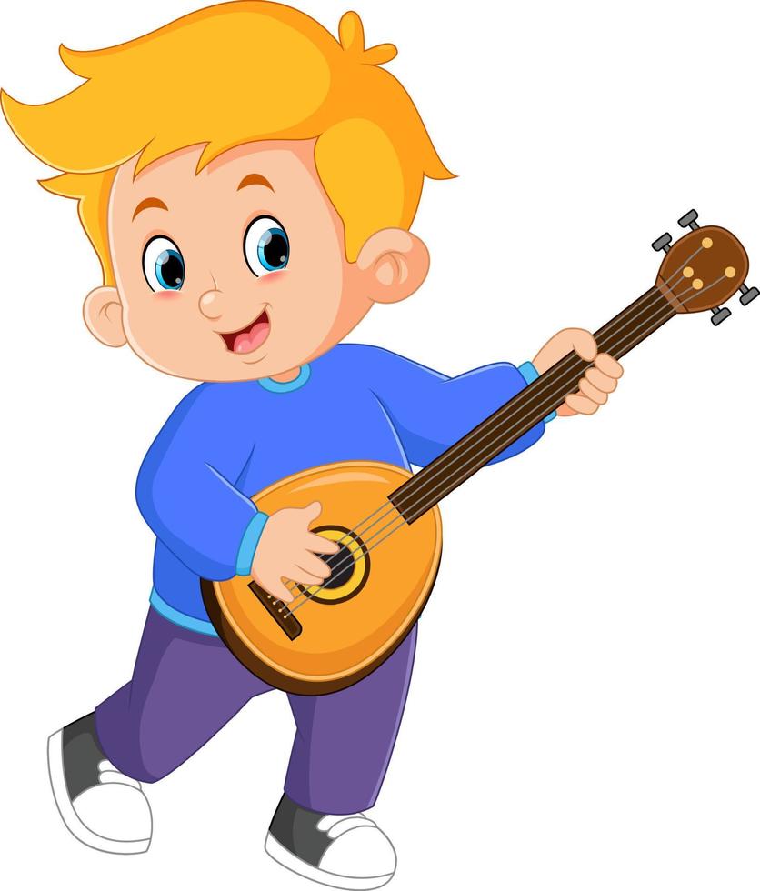 un' carino ragazzo danza e giocando un' mandolino strumento vettore