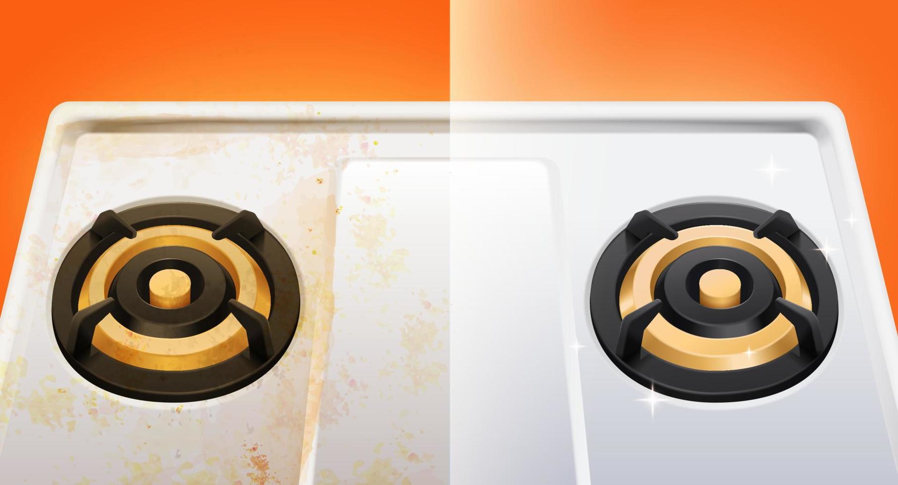 sporco e pulito gas fornello, prima e dopo di un' puliti gas stufa nel 3d illustrazione, design elemento di anno Domini striscione. vettore