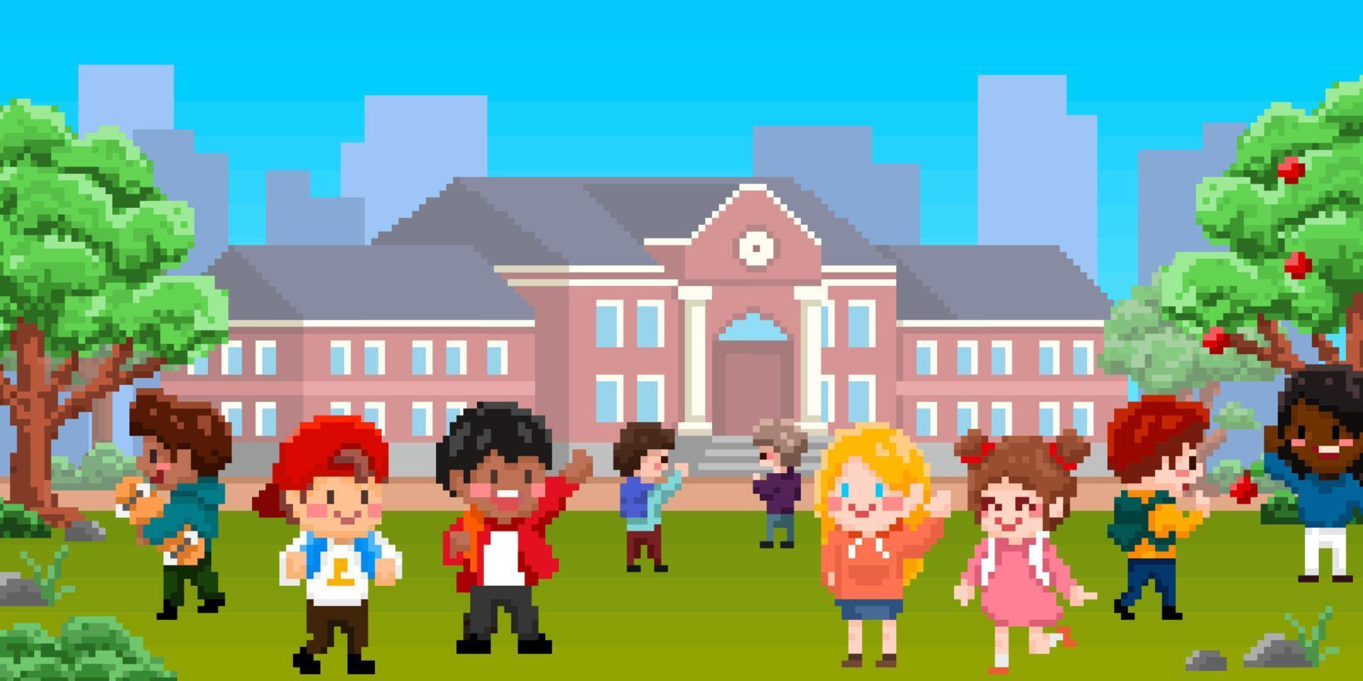 8 bit pixel arte di bambini giocando nel scuola terreno di gioco. ragazzi e ragazze personaggi con scuola edificio adatto per gioco vettore