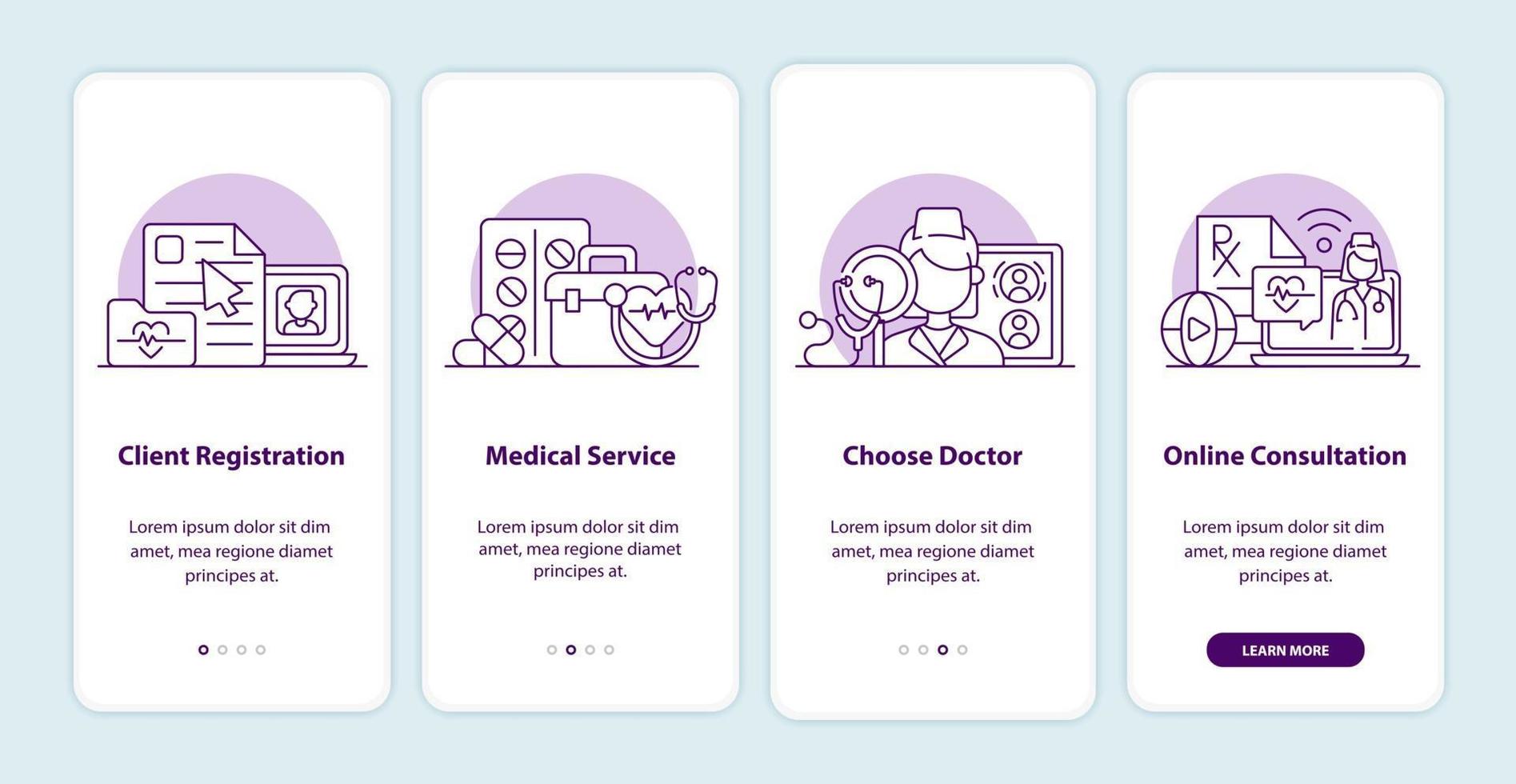 pagine delle schermate delle app di onboarding di medicina online vettore