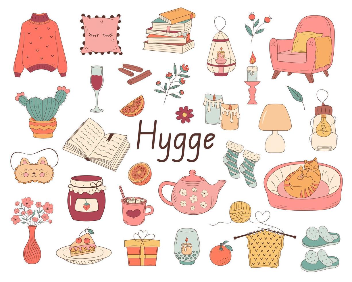 impostato di hygge icone. caldo e accogliente le cose. mano disegnato illustrazione nel scarabocchio stile. vettore