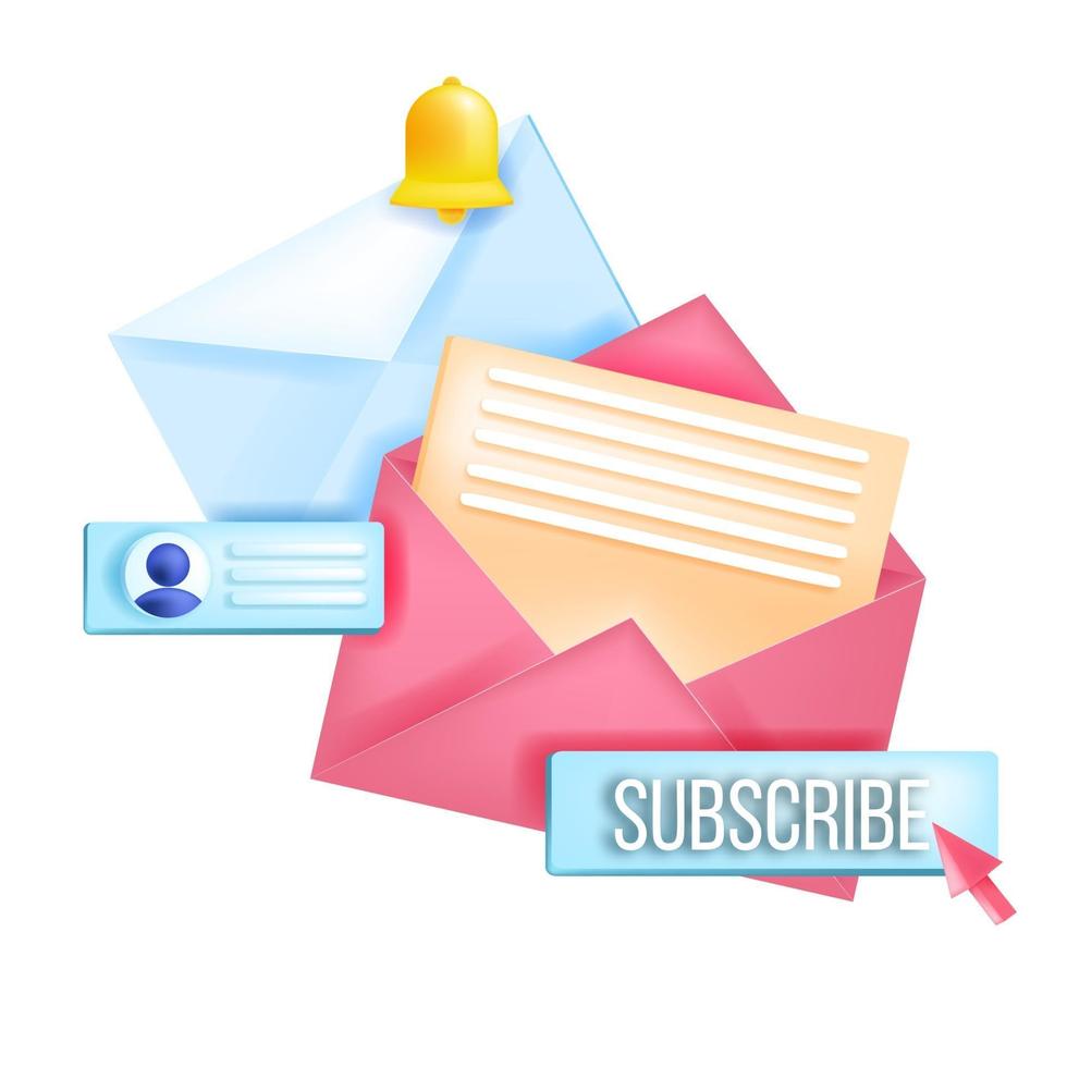 iscriviti alla newsletter, email marketing online isolato vettore 3d concetto, buste, campanello di notifica. illustrazione di internet postale dei social media, pulsante, profilo. iscriviti all'icona del blog del messaggio di newsletter