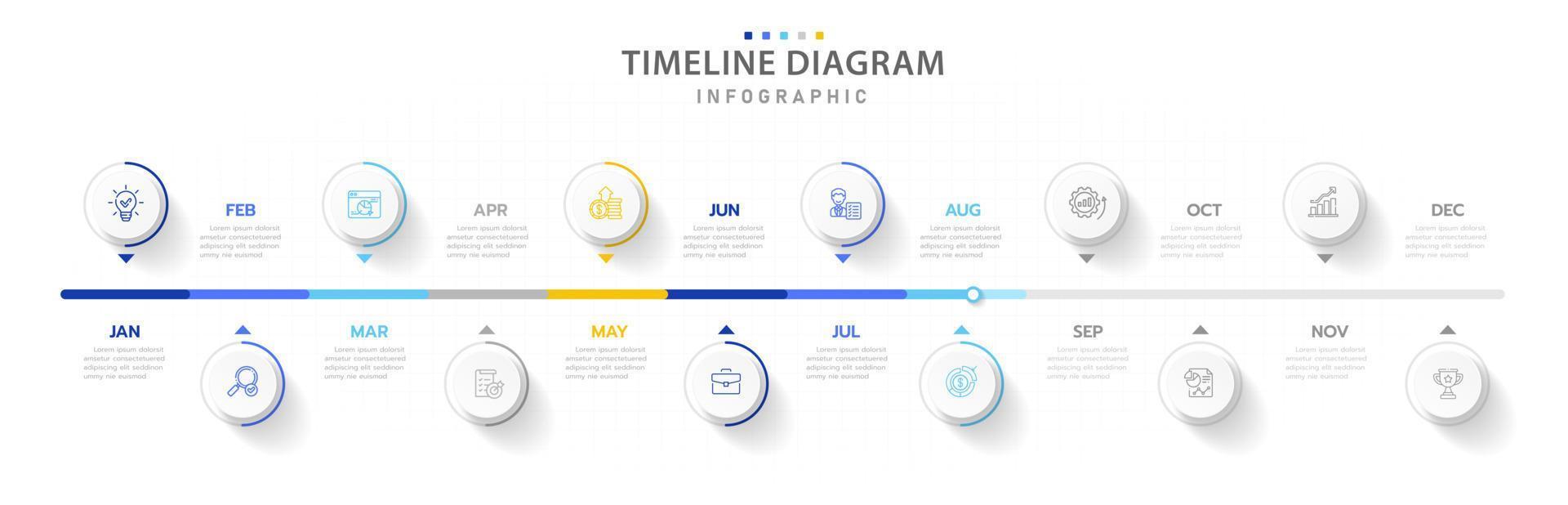 Infografica modello per attività commerciale. 12 mesi moderno sequenza temporale diagramma calendario con per cento torta grafico, presentazione vettore infografica.