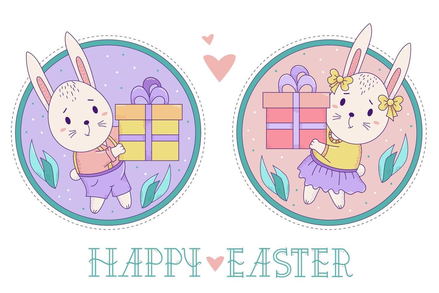 un paio di simpatici conigli. coniglietto di pasqua ragazza e ragazzo con una grande confezione regalo su uno sfondo rotondo decorativo con foglie. illustrazione di colore di vettore. biglietto di auguri di buona pasqua vettore