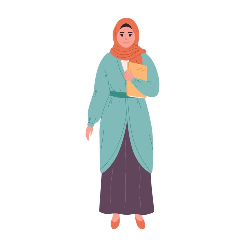 musulmano donna nel hijab con libro. scuola insegnante, bibliotecario, attività commerciale donna. vettore