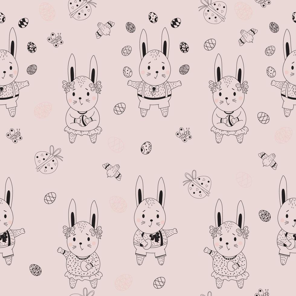 felice pasqua seamless pattern. modello di Pasqua di conigli-ragazzi e ragazze-lepri, uova, uccelli e farfalle su uno sfondo rosa. vettore. schema. per il design, l'arredamento, la stampa, l'imballaggio e la carta da parati vettore