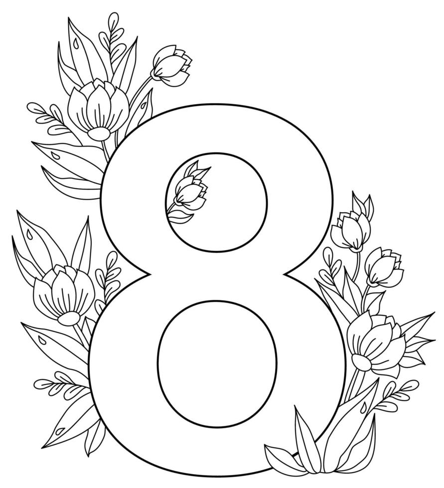 8 marzo biglietto di auguri per la giornata internazionale della donna. numero otto, un mazzo di fiori, boccioli e foglie con gocce di rugiada. vettore. ornamento, linea nera, contorno. per la stampa, l'arredamento e il design vettore