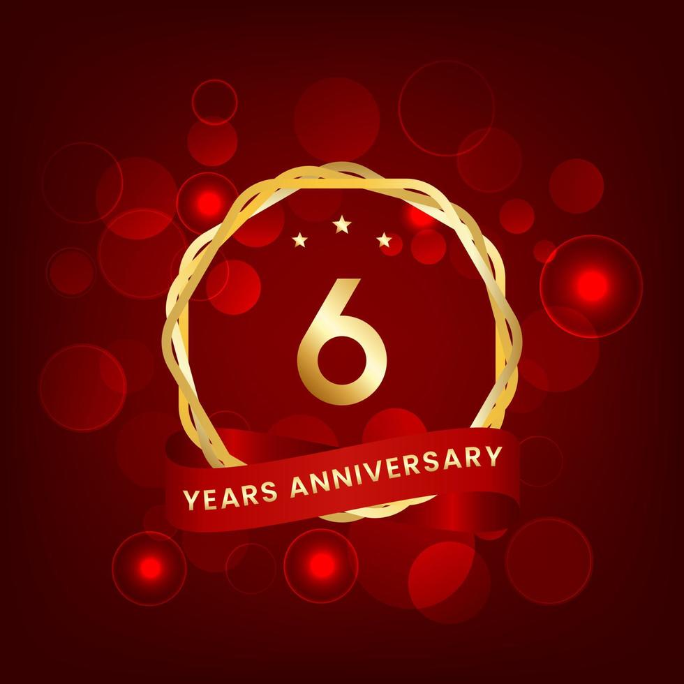 6 anni anniversario. anniversario modello design con oro numero e rosso nastro, design per evento, invito carta, saluto carta, striscione, manifesto, volantino, libro copertina e Stampa. vettore eps10