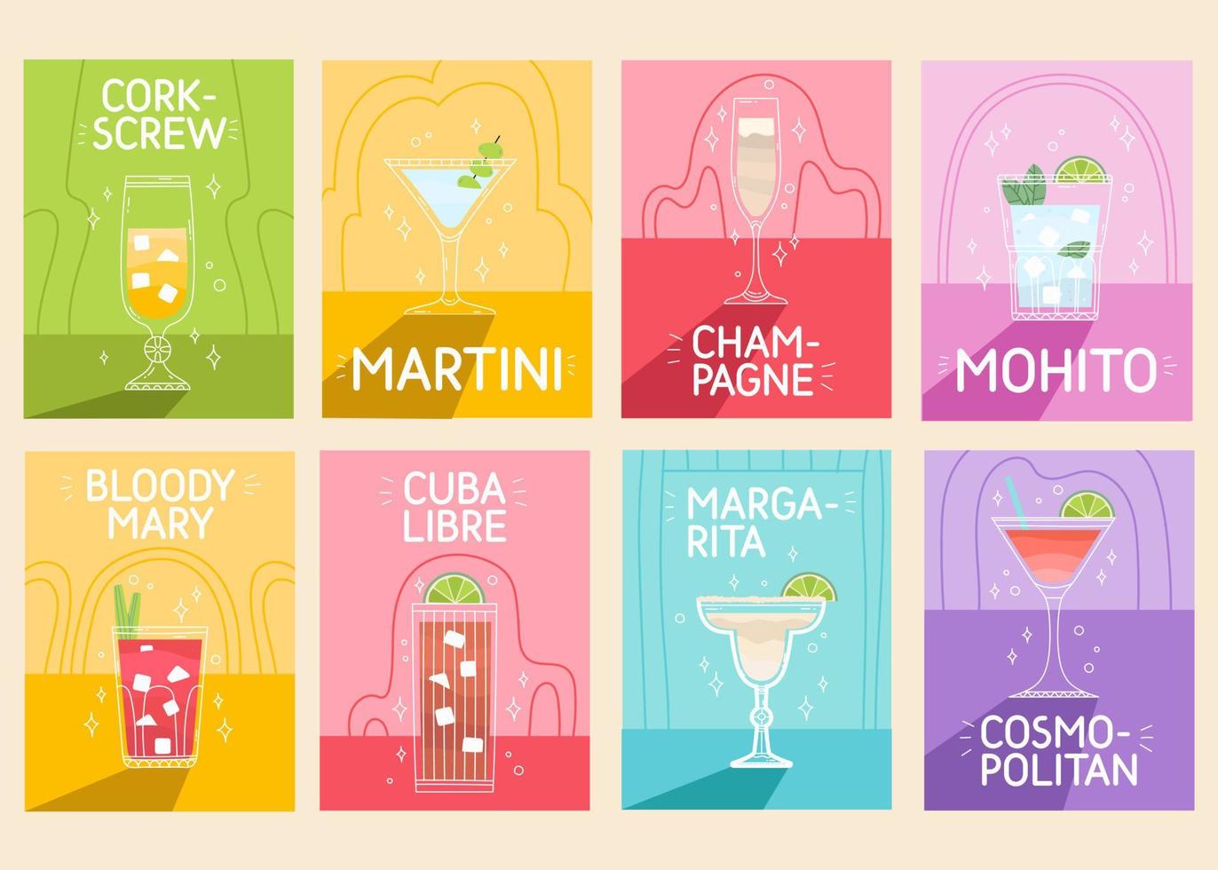 cocktail collezione nel bicchiere con Ghiaccio. classico estate alcool bevande illustrazione piazza carte. minimo manifesto con alcolizzato bevande. vettore luminosa illustrazione.muro decorazione, stampe, manifesto