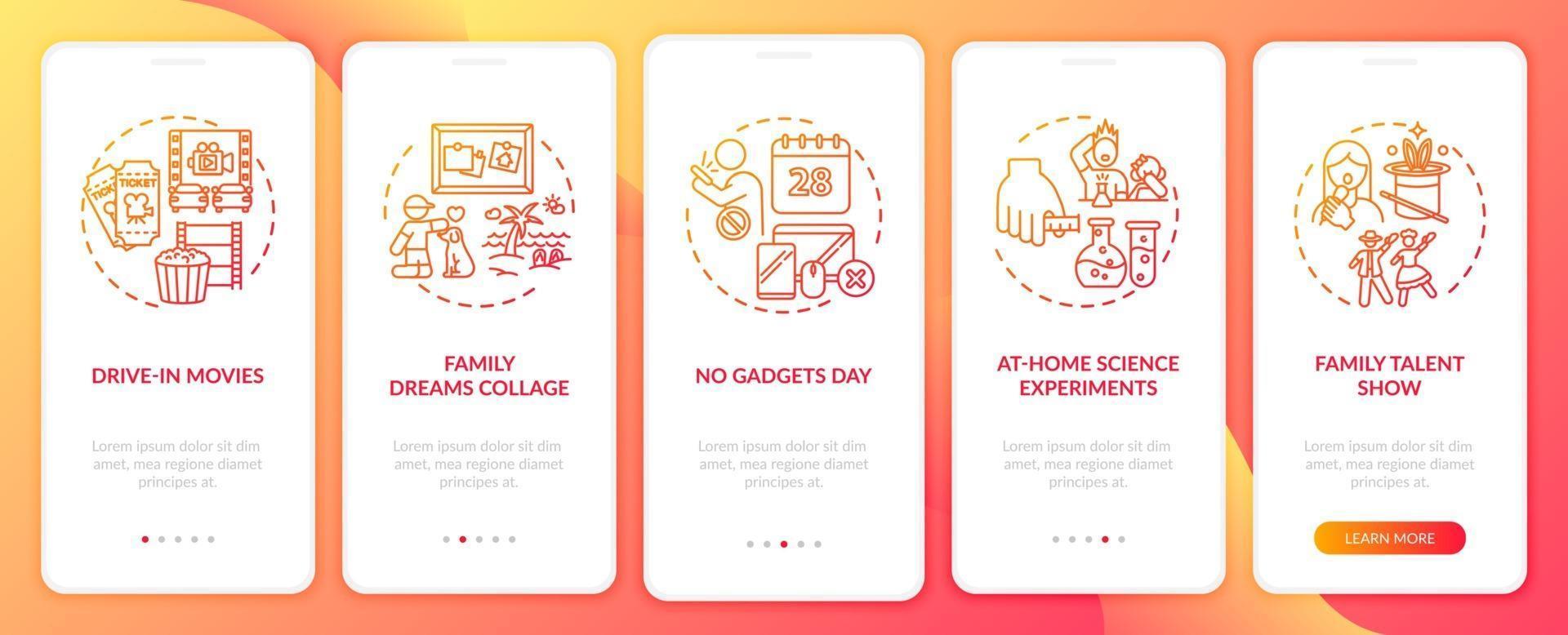 idee divertenti per la famiglia onboarding schermata della pagina dell'app mobile con concetti vettore