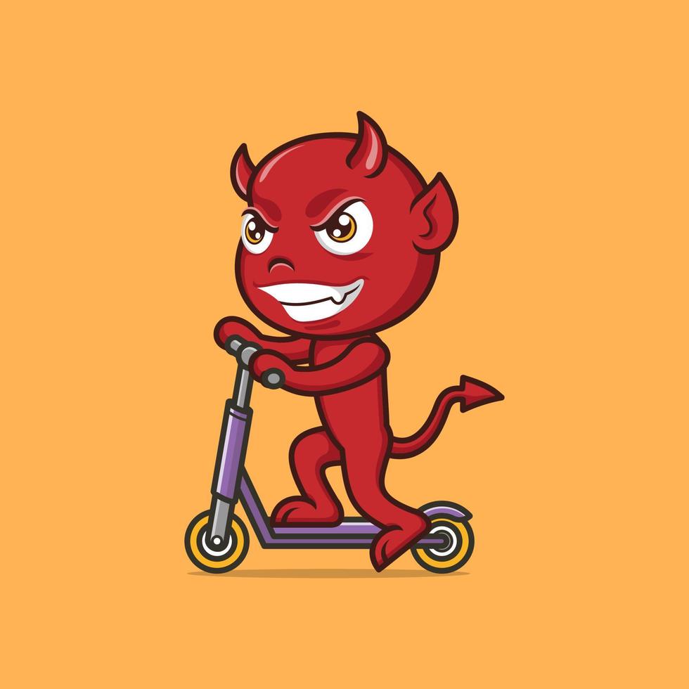 carino cartone animato diavolo giocando scooter vettore