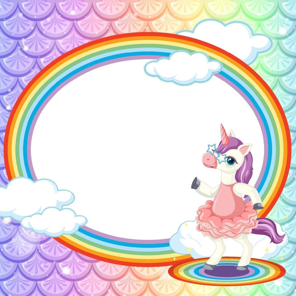modello di cornice ovale su sfondo di squame di pesce arcobaleno con personaggio dei cartoni animati di unicorno vettore