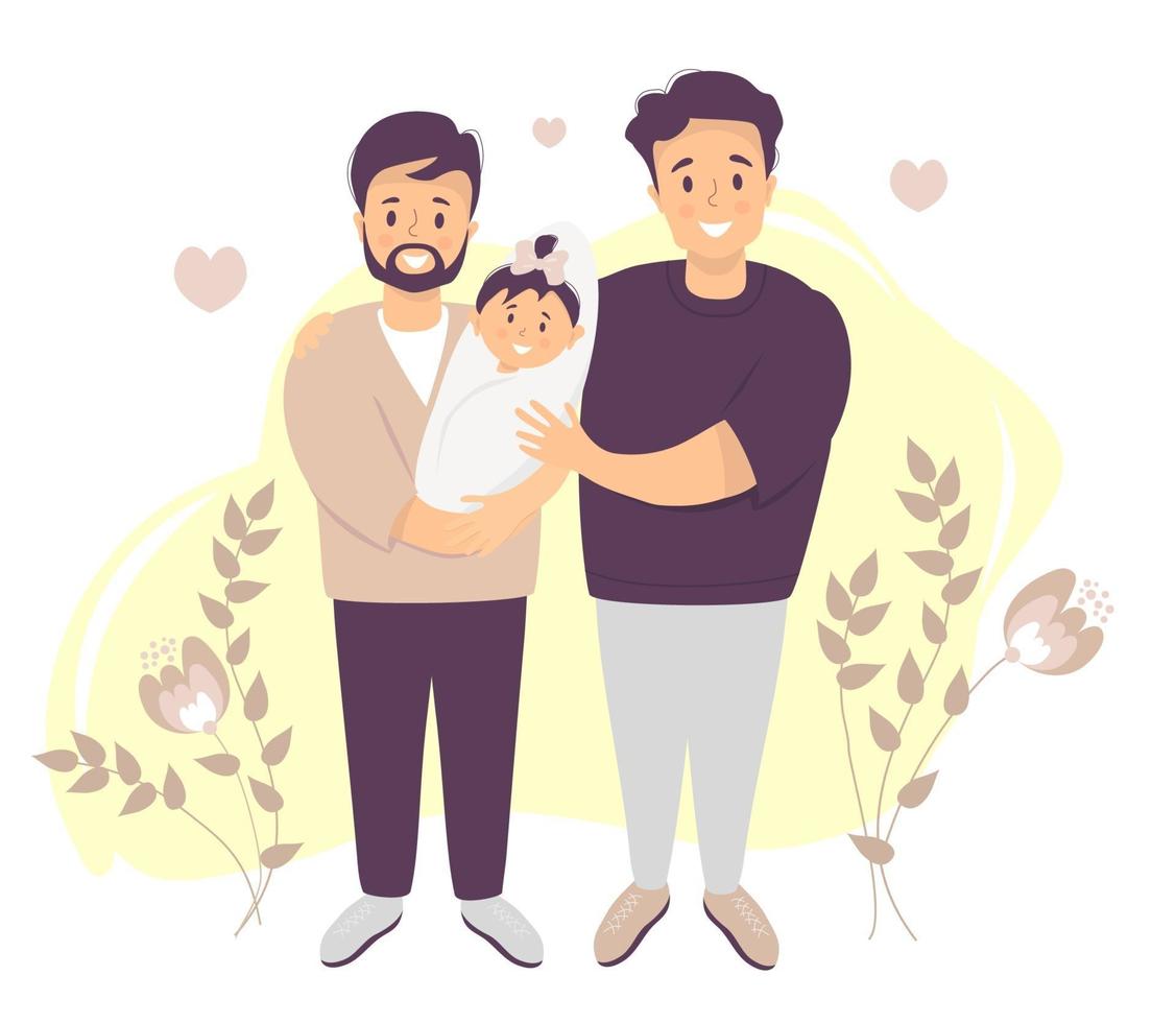 coppia gay maschio che adotta bambino. due uomini felici che tengono bambino appena nato. illustrazione vettoriale. felice famiglia lgbt con figlia appena nata sta. genitorialità, assistenza all'infanzia, concetto per banner, progettazione di siti Web vettore