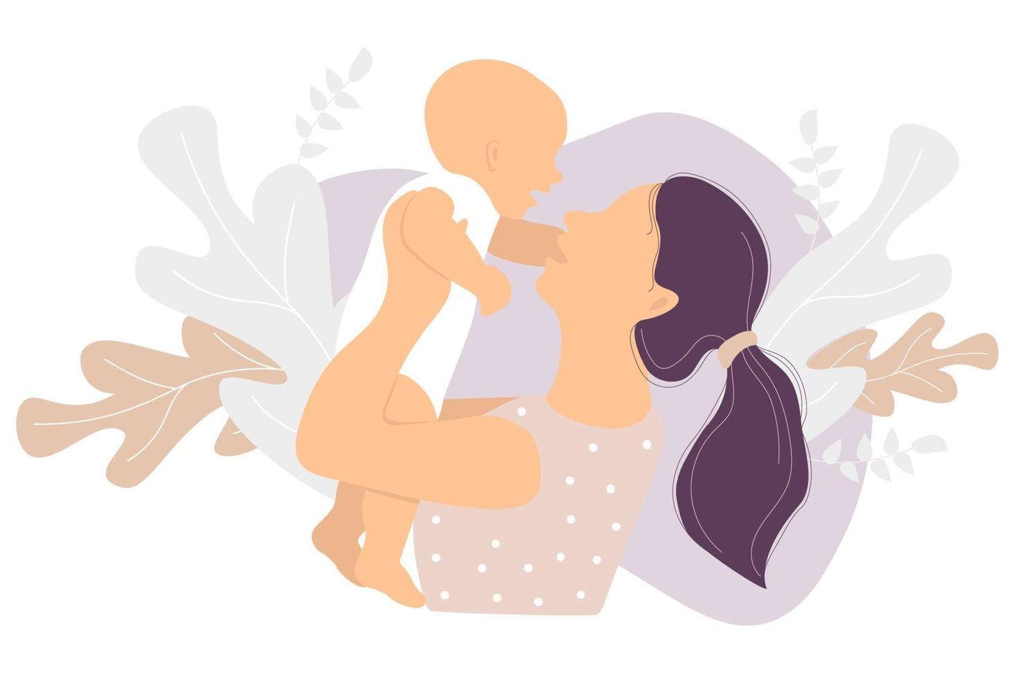 maternità. donna felice e un bambino piccolo in braccio sullo sfondo di un decoro tropicale di foglie e piante. illustrazione vettoriale. concetto - nuova vita e felice mamma e bambino. illustrazione piatta vettore