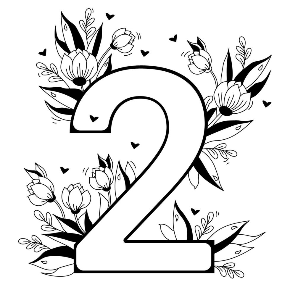 numero di fiori. motivo floreale decorativo numeri due. grande 2 con fiori, boccioli, rami, foglie e cuori. Illustrazione vettoriale su sfondo bianco. linea, contorno. per biglietti di auguri, design, arredamento