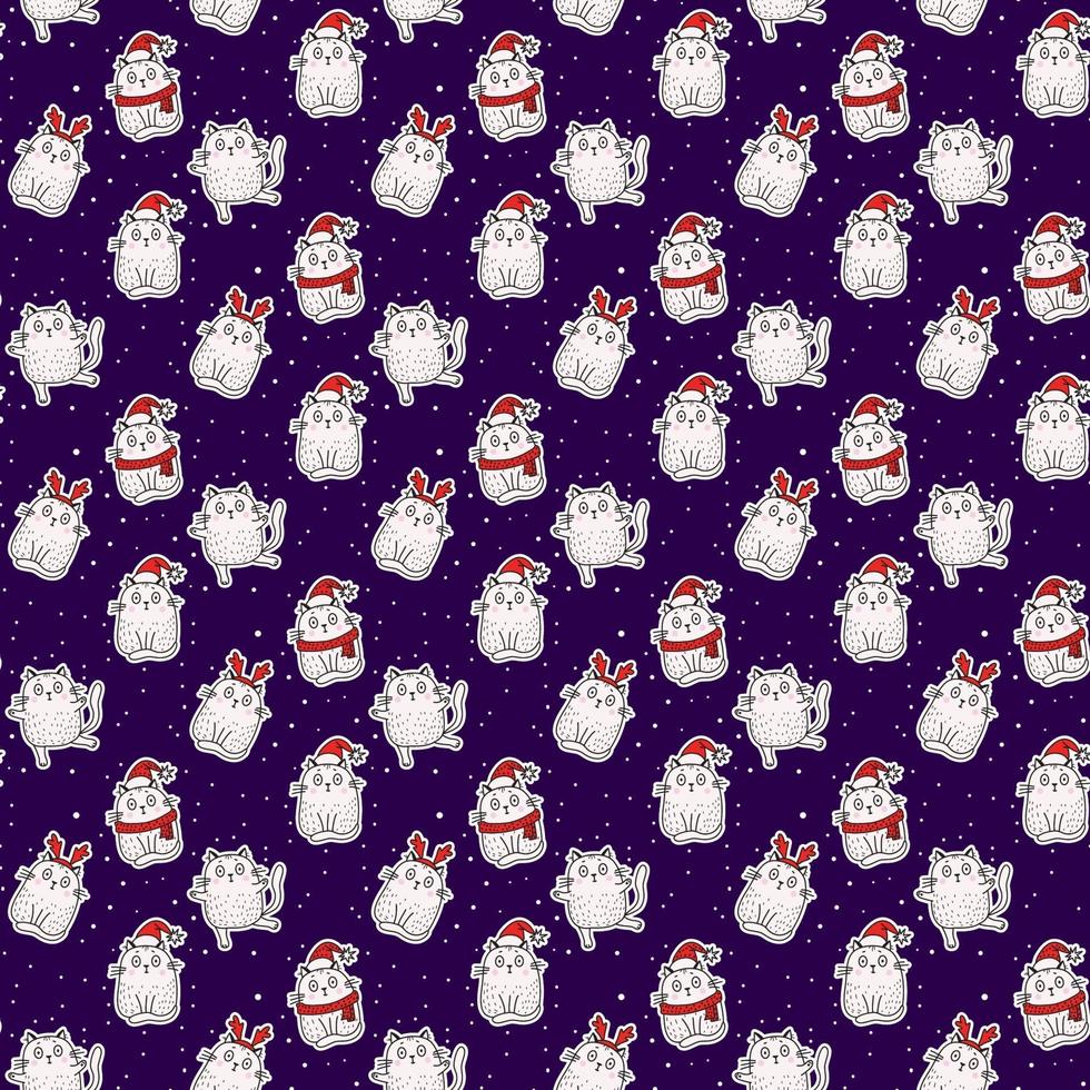 modelli senza soluzione di continuità. gatti bianchi carino in un cappello con corna, in un cappello da Babbo Natale, in una sciarpa su uno sfondo blu con fiocchi di neve bianchi. vettore. design e arredamento festivi di natale e capodanno vettore