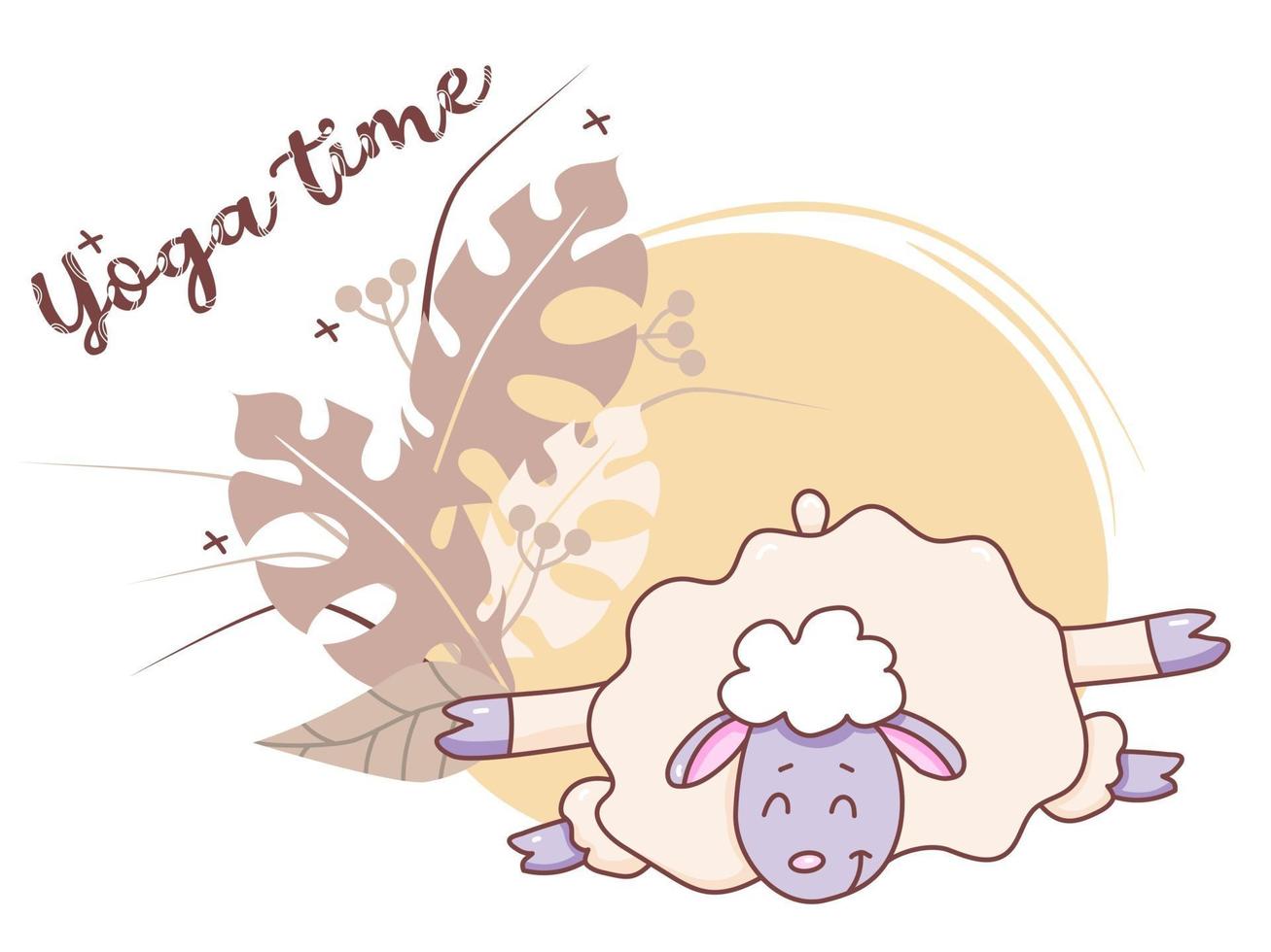 tempo di yoga per animali domestici. un agnello carino sta facendo yoga, allungandosi mentre giace in un asana. illustrazione vettoriale su uno sfondo decorativo con foglie tropicali e decorazioni. concetto - tempo di yoga. design piatto