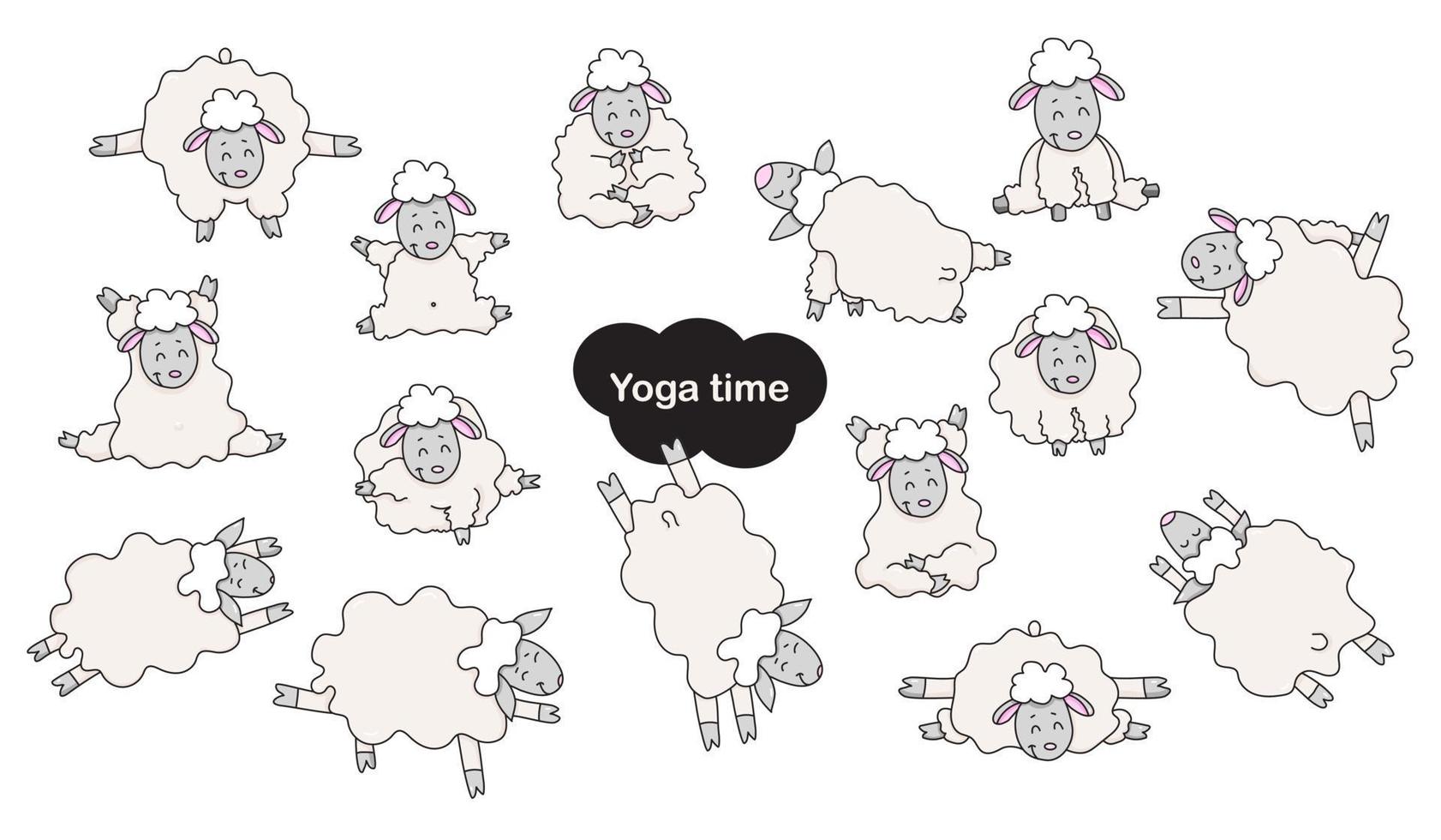 animali domestici di yoga. simpatici atleti di pecore divertenti si alzano in un asana e sono impegnati in fitness, ginnastica e meditazione, un hobby. pecore yoga - una serie di immagini piatte a colori. vettore. isolato su sfondo bianco vettore