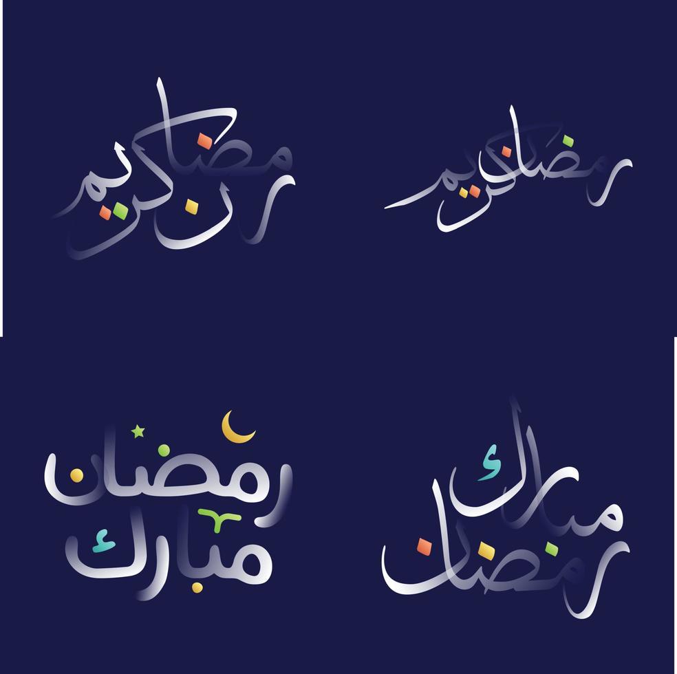 lucido bianca Ramadan kareem calligrafia imballare con colorato islamico design elementi e geometrico modelli vettore