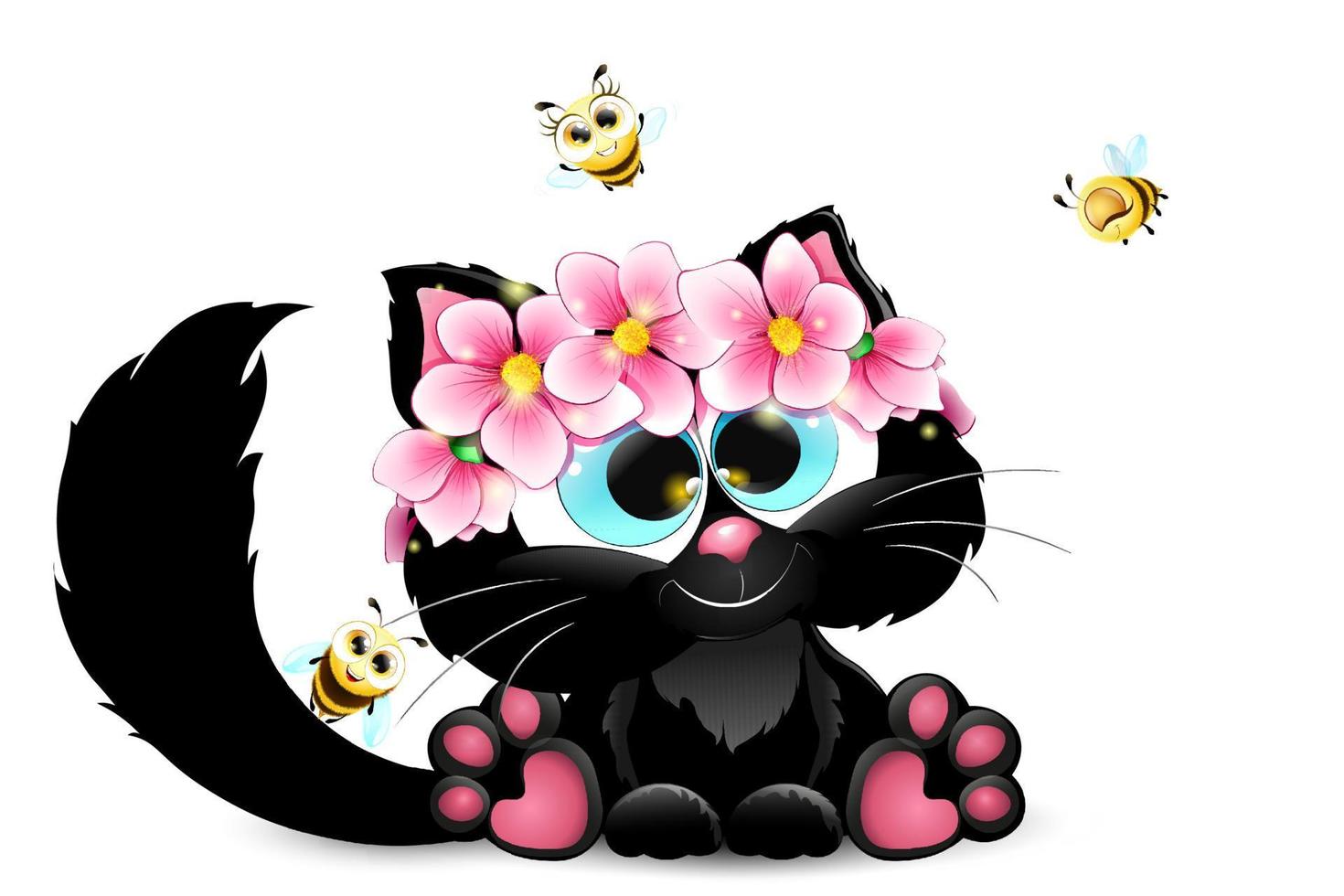 carino nero cartone animato gatto seduta con ghirlanda di rosa fiori e volante api vettore