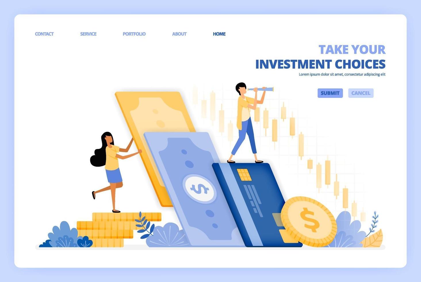 le donne scelgono di investire denaro nel mercato azionario. gli uomini scelgono di risparmiare in banca. il concetto di illustrazione vettoriale può essere utilizzato per la pagina di destinazione, modello, ui ux, web, app mobile, poster pubblicitari, banner, sito Web, volantino