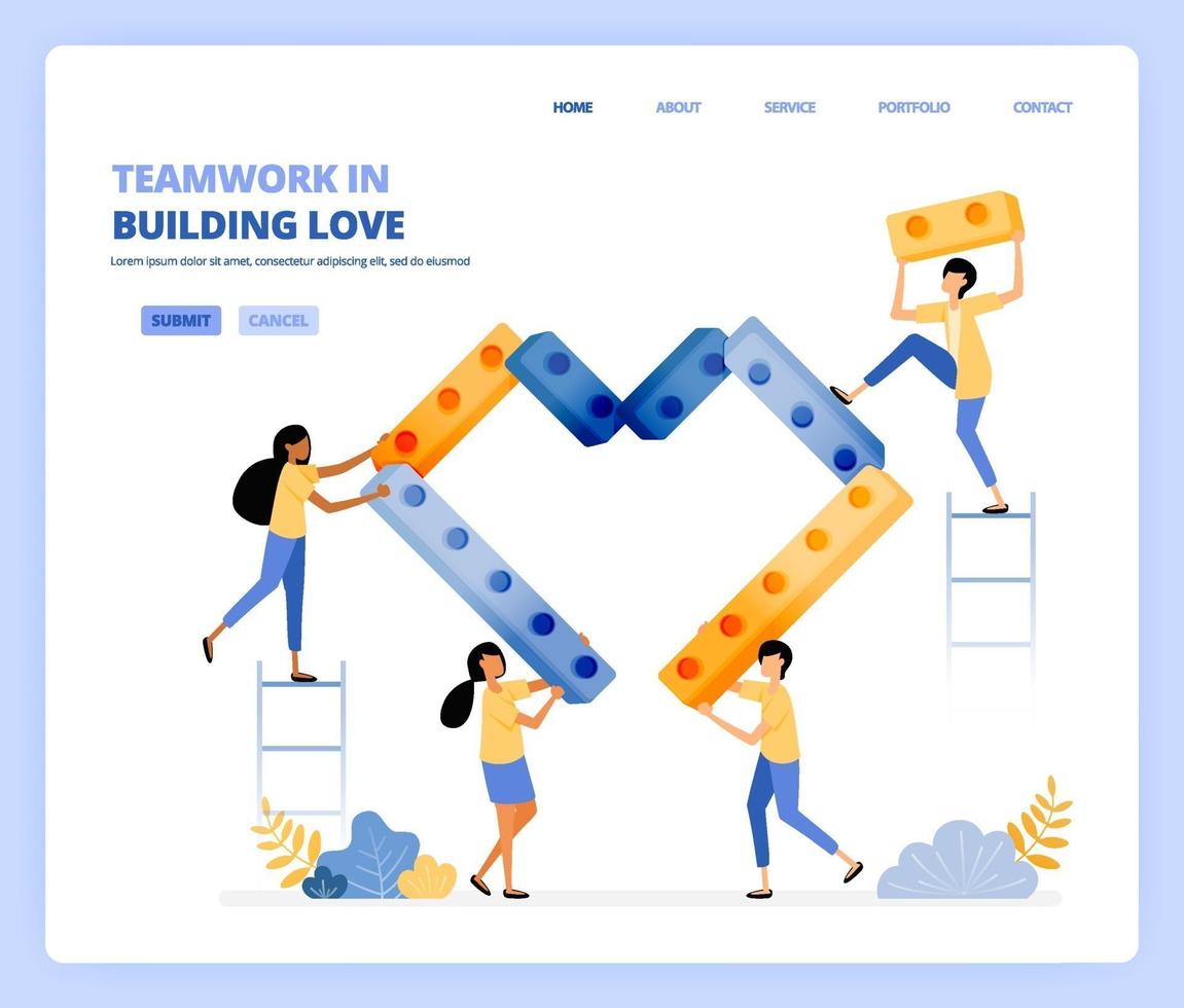 collaborare tra loro per costruire cuori, lavoro di squadra e relazioni. il concetto di illustrazione vettoriale può essere utilizzato per, landing page, template, ui ux, web, app mobile, poster pubblicitari, banner, sito web, flyer