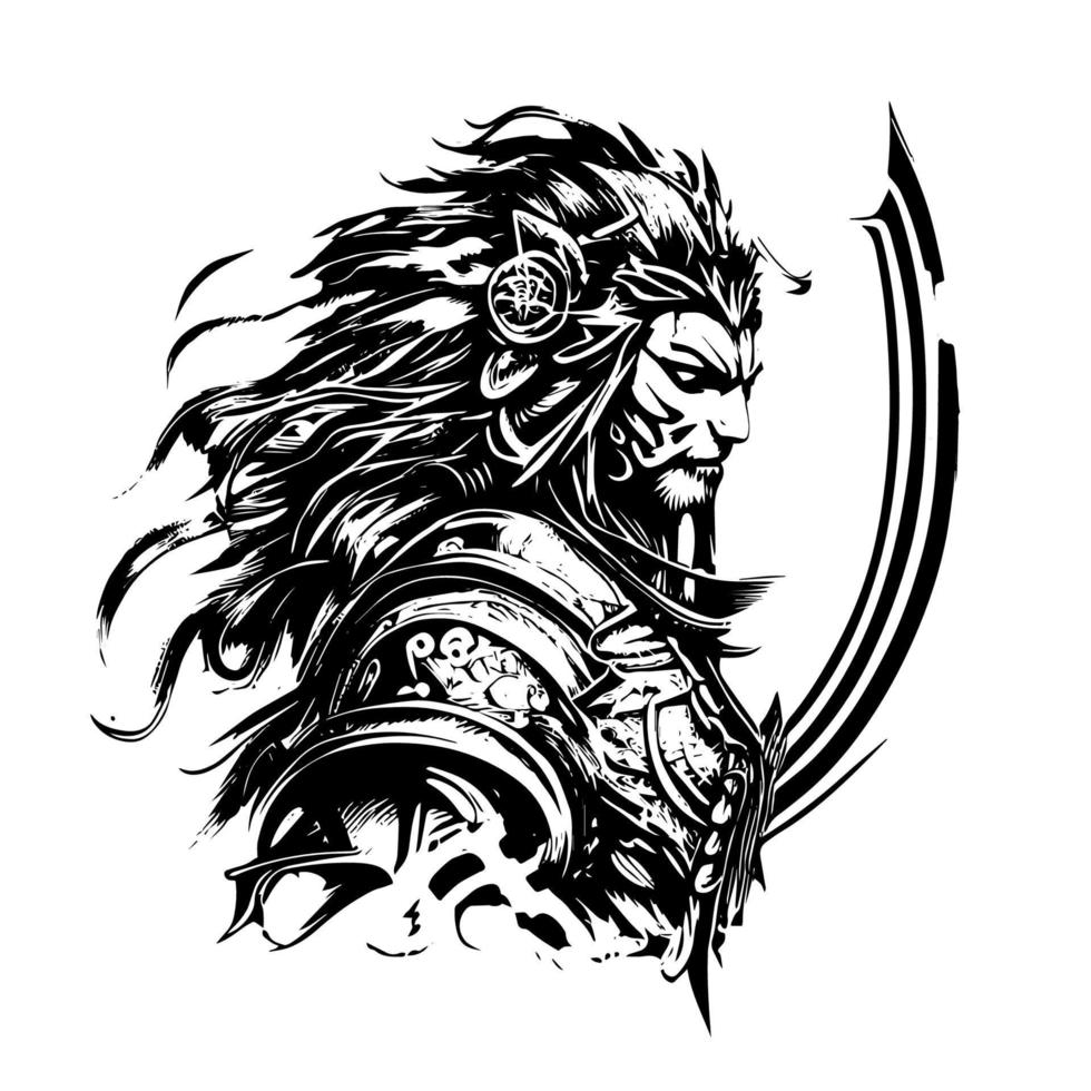 arrabbiato samurai tigre illustrazione logo nero e bianca mano disegnato illustrazione vettore