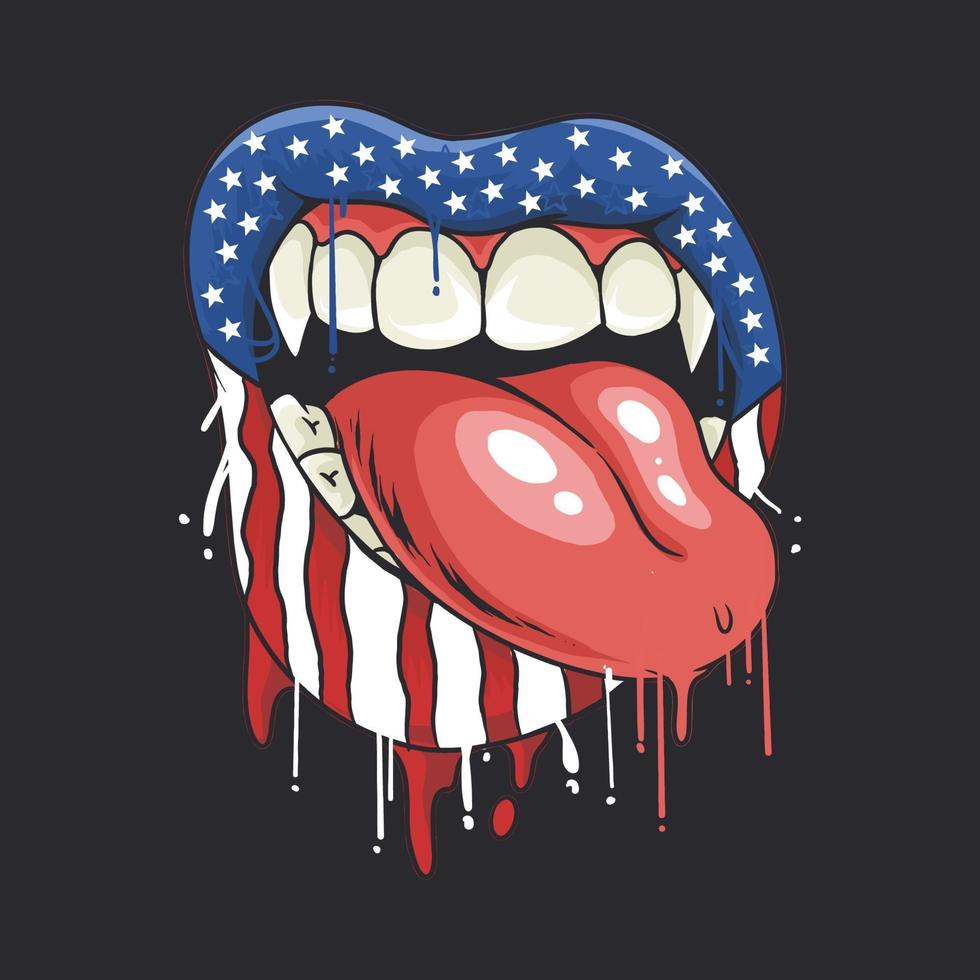 labbra con denti da vampiro con il colore del rossetto della bandiera degli Stati Uniti vettore