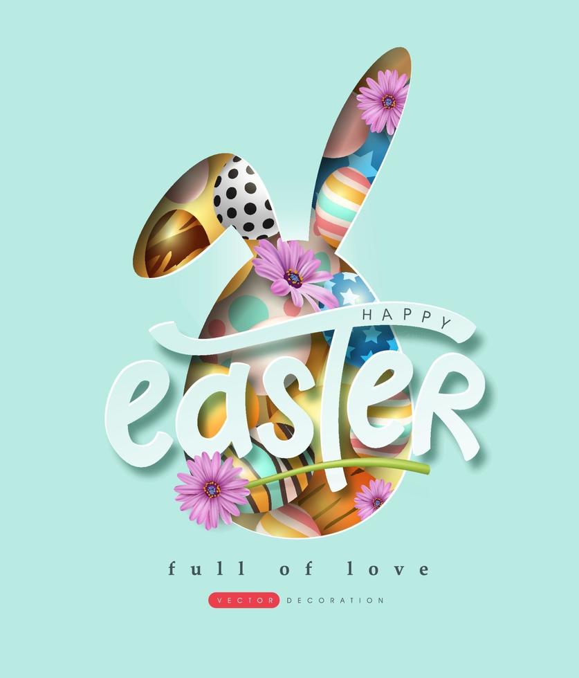 felice Pasqua banner sfondo. forma di coniglio o coniglietto con uova colorate e fiori. vettore