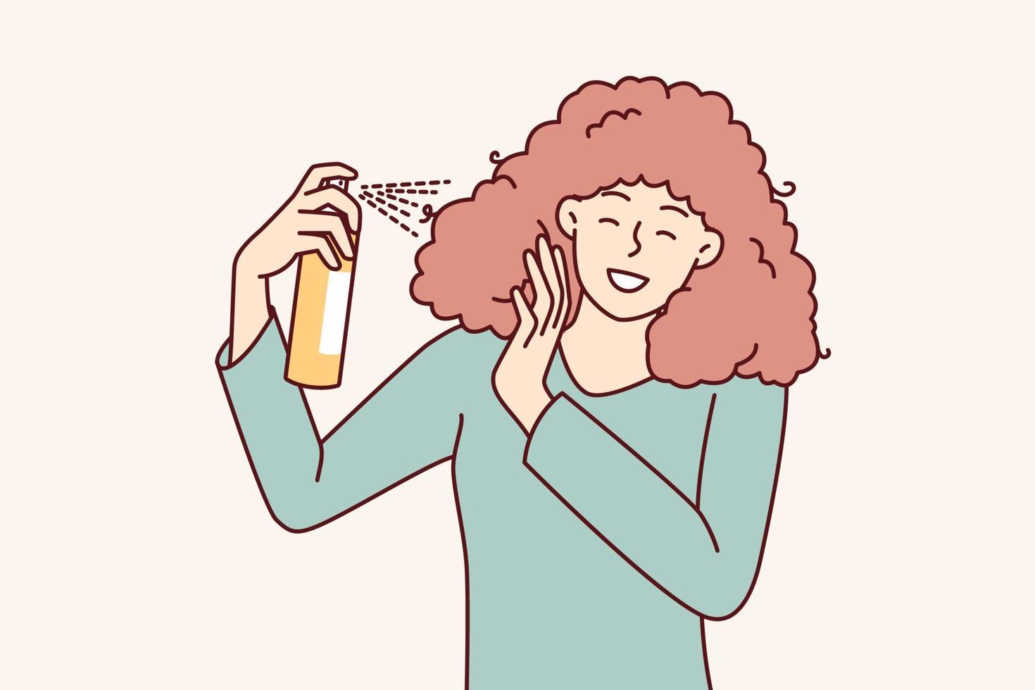 donna usi spray per creare freddo acconciatura prima andando per festa o gala cena. ragazza è impegnato nel indipendente capelli cura, volendo per avere bellissimo acconciatura Grazie per cosmetico prodotti vettore